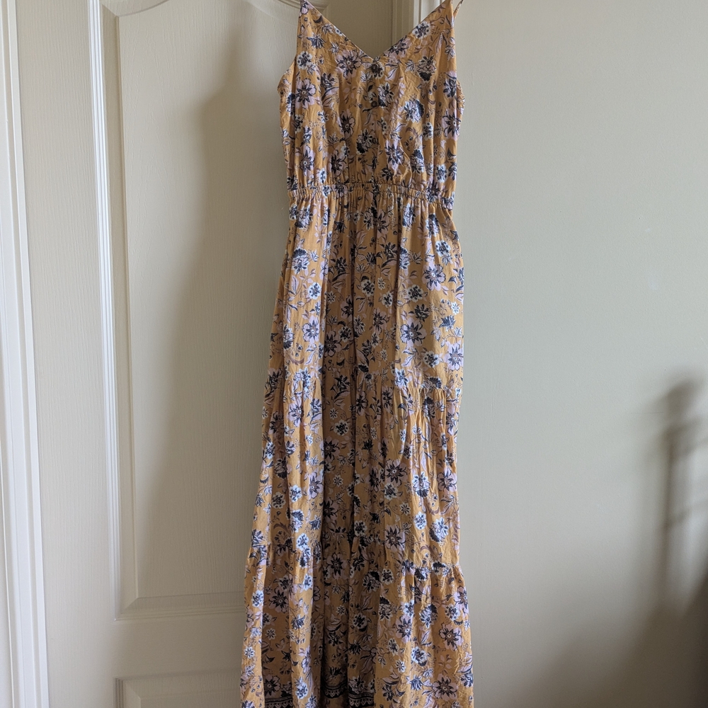 Evereve Golden and Pink/Blue Floral Maxi Sundress with Spaghetti Straps
